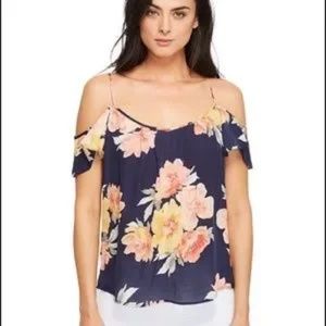 Joie Adorlee Floral Cold Shoulder Navy Silk Top Size XS